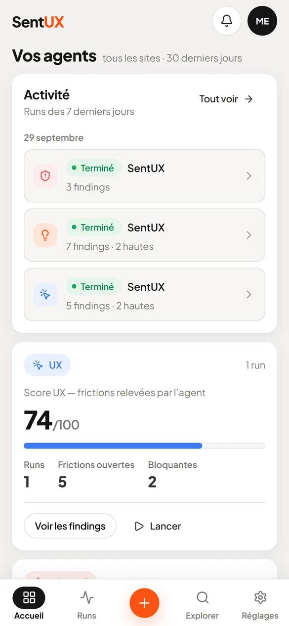 Le tableau de bord SentUX sur téléphone